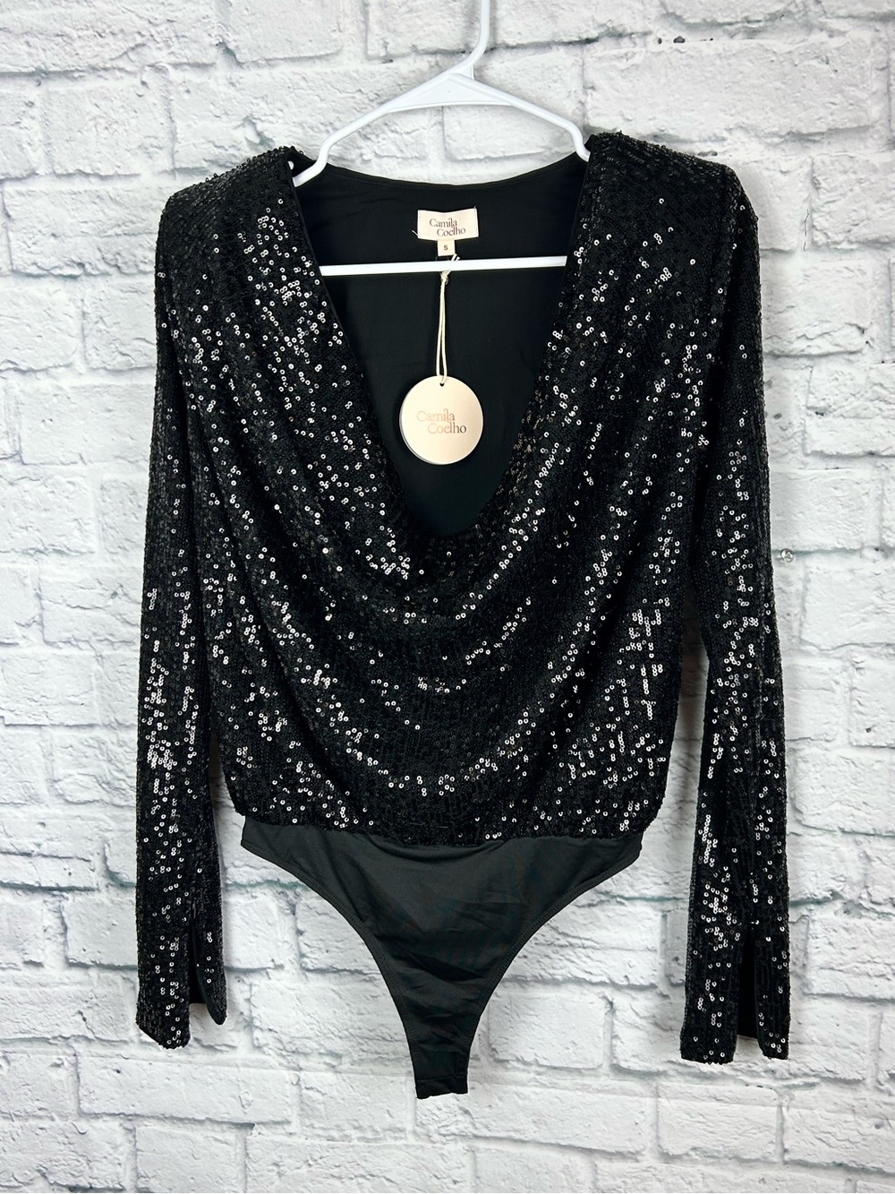 Camila Coelho Black Sequin Cowl Neck Bodysuit Long Sleeve Stretch Size S NWT